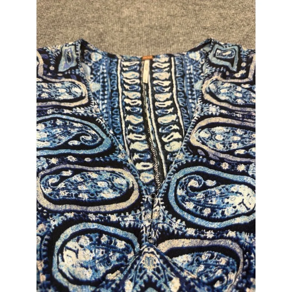 Free People Women's Blue Wild & Free Smocked V Neck Long Sleeve Boho Y2K Size L